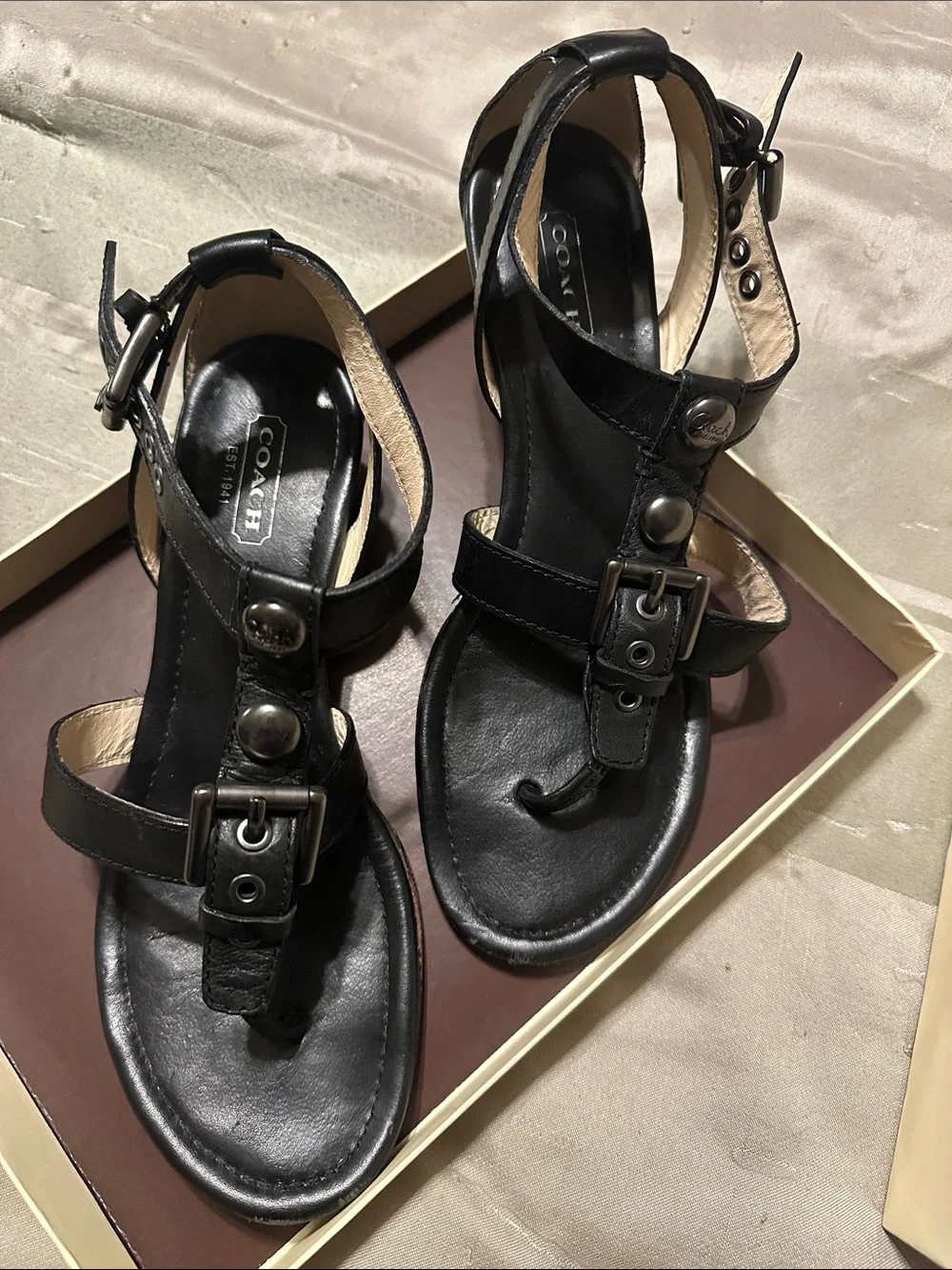 Coach Black Leather T-Strap Buckle Sandals